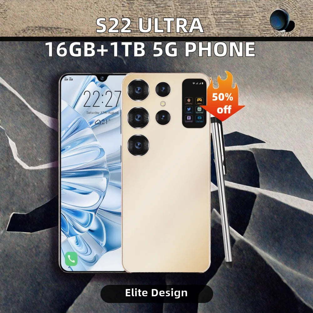 Tidesmit S27 Ultra Android smartphone side view showing slim bezel design and high resolution camera lens details.