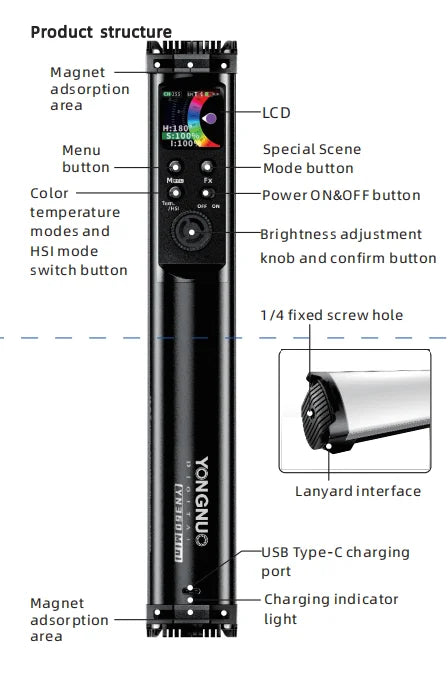 Black cylindrical LED light wand with an LCD screen, control buttons, magnetic ends, and a tripod screw hole.
