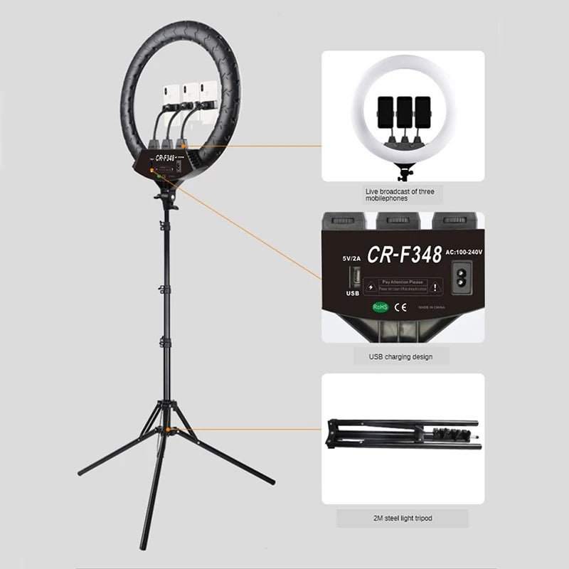 Black CR-F348 LED ring light on a 2m tripod, featuring three phone mounts and a USB charging port for live streaming.