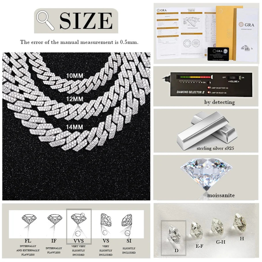 Wholesale Hip Hop Jewelry 8mm 10mm 12mm VVS Diamond Necklace Dropshipping Silver Iced Out Cuban Link Moissanite Chain