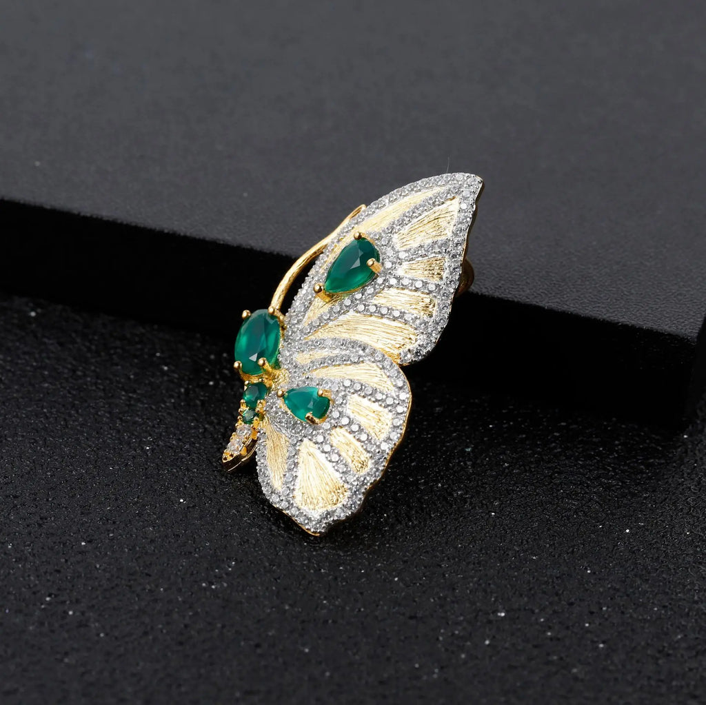 TIANSHE New Chinese Style Vintage Design Gold Butterfly Brooch Pendant High-end S925 Silver Green Agate Pin Jewelry