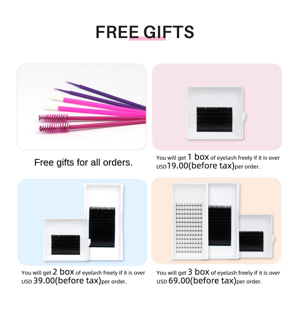 Promotional graphic showing free gifts of lash brushes and boxes of black silk eyelash extension fans with order tiers.