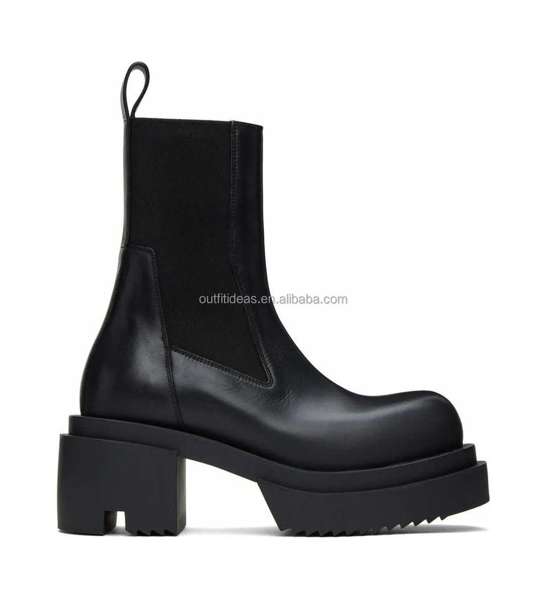Calfskin Boots in Black Original Unisex Women Platform Block Heel Dress Leather Shoes Men Chelsea Boots Beatle Bogun Ankle Boots
