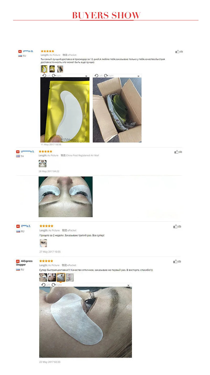 White hydrogel under-eye patches for eyelash extensions, shown in gold individual packaging and applied on skin.