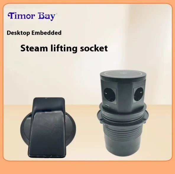 Pneumatic Lifting Desktop Socket with 5 EU UK AC Outlets Wireless Charging USB Charging Hidden Desk Top Socket Tidesmit