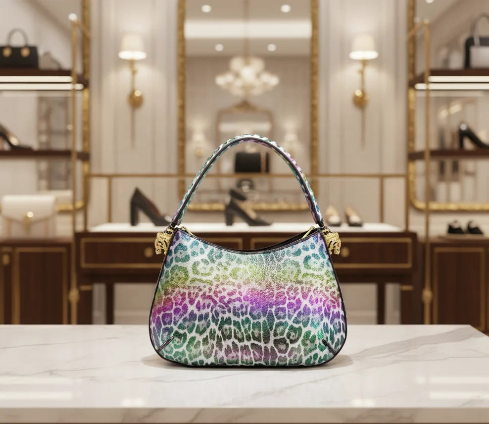 32cm designer shoulder bag with rainbow leopard print, gold hardware, and luxury hobo style for women.