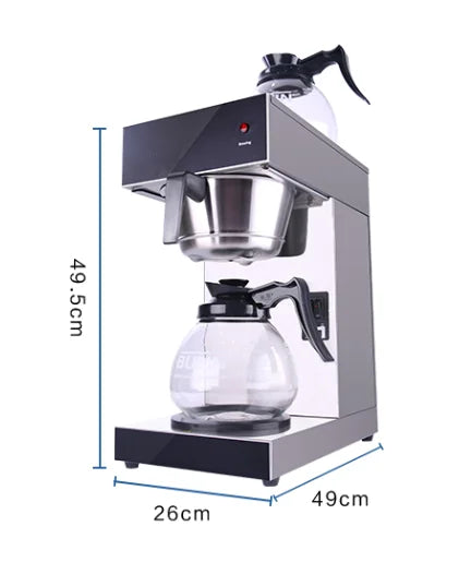 Bunn stainless steel commercial drip coffee maker with glass decanters and 49.5cm height dimensions.