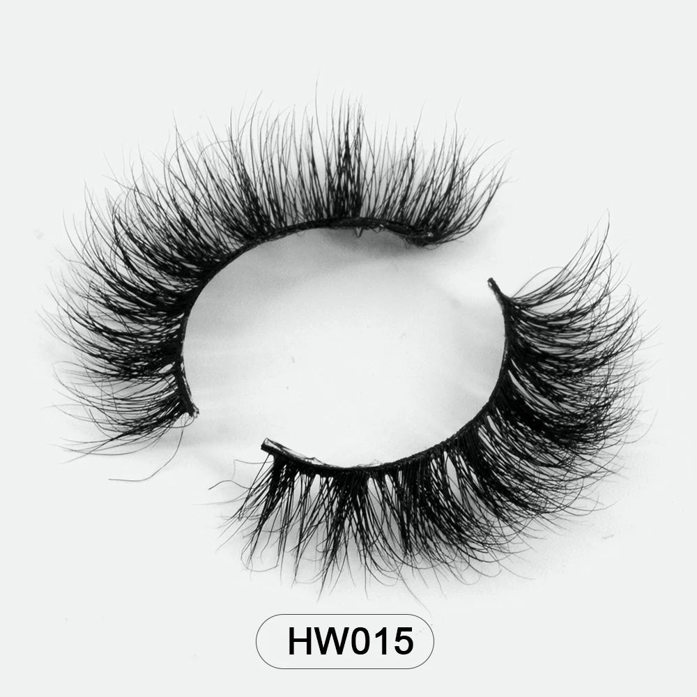 Black 3D mink false eyelashes with a soft flex band on a white background, labeled HW015.