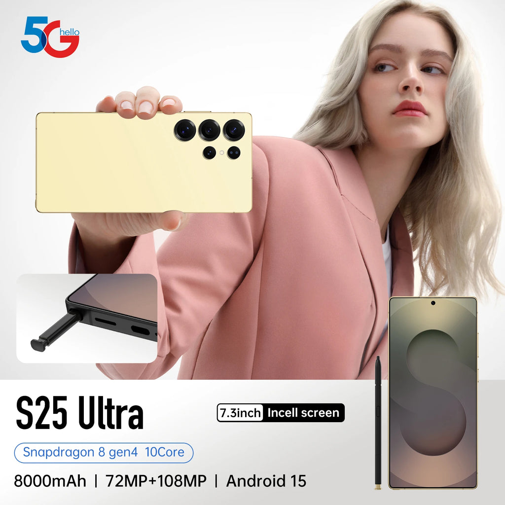 2025 S25Ultra 5G Android smartphone featuring 108MP camera, 7000mAh battery and QHD display, gallery view 5