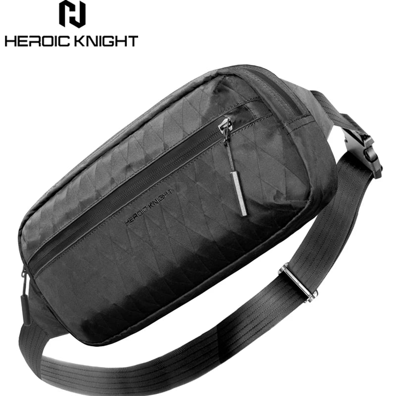 Black Heroic Knight waterproof men’s designer crossbody messenger bag with geometric pattern and adjustable strap.