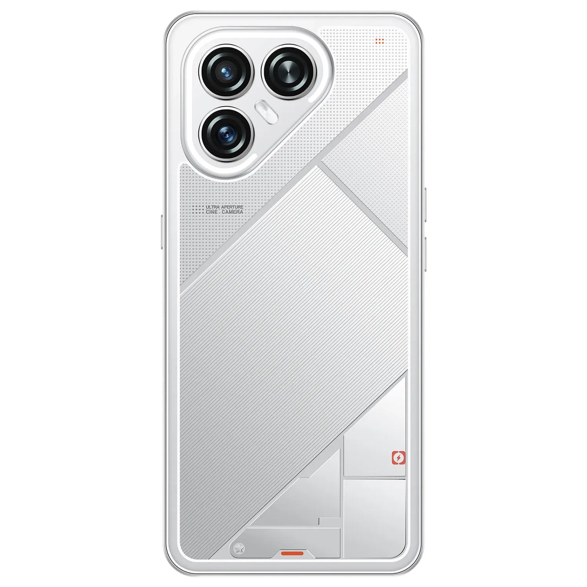 White smartphone with triple rear cameras, close-up back view