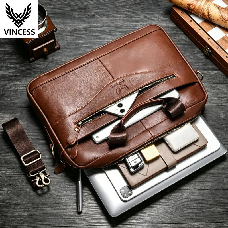 VINCESS brown genuine leather business briefcase with zipper, laptop compartment, and adjustable crossbody shoulder strap.