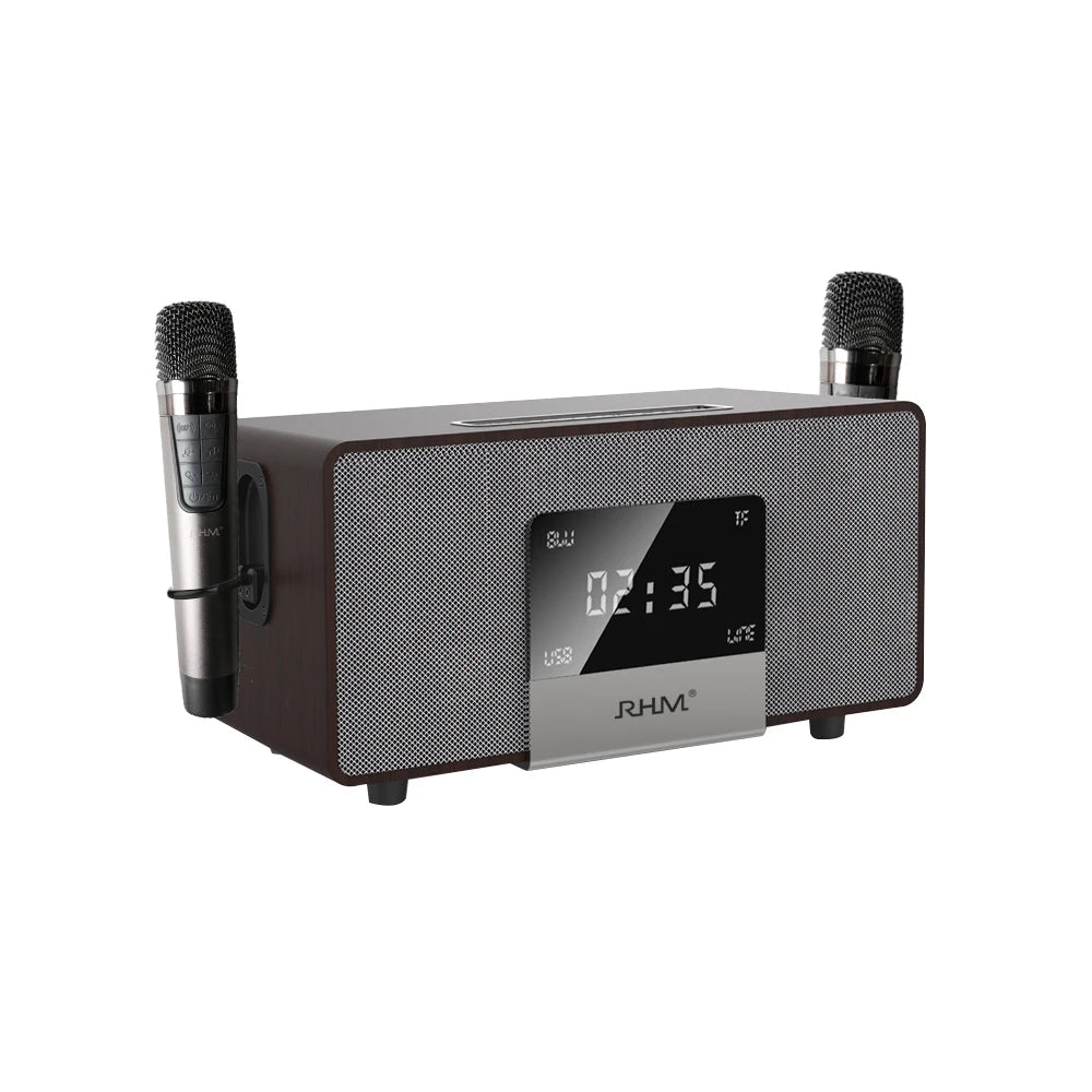 RHM K222 Wireless BT Karaoke Subwoofer Speaker Two Microphones Mini Design Wood Material DC Power Personal Remote Control Box My Store