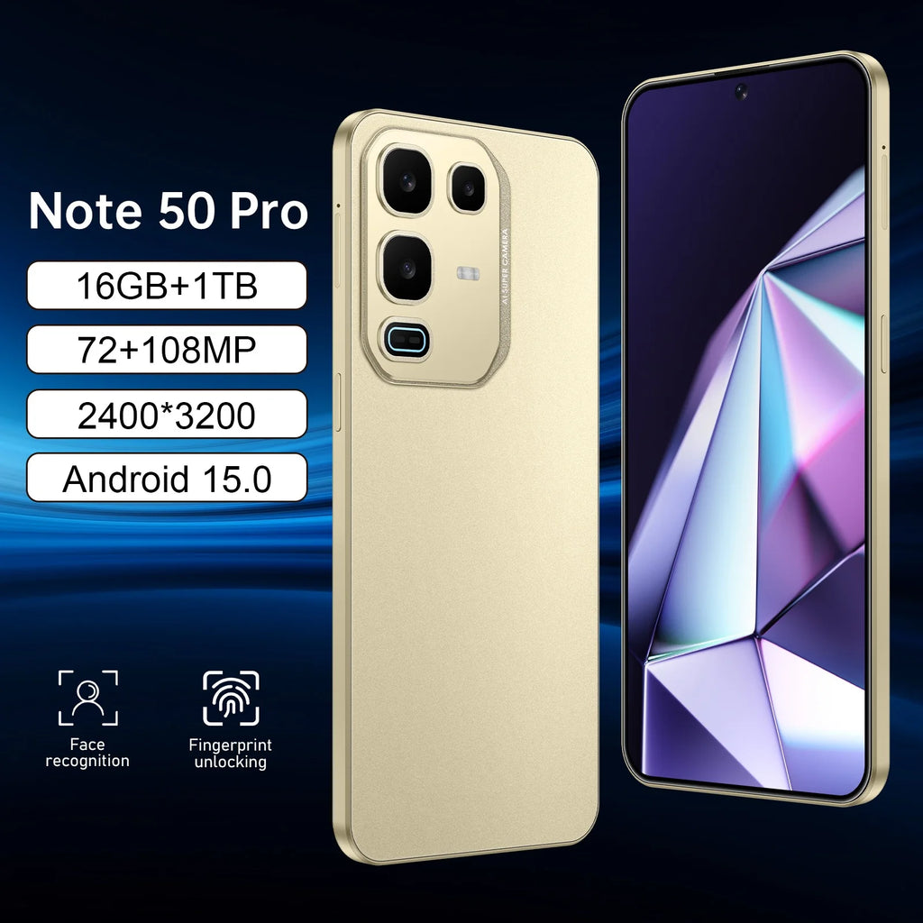 Infinix Note 50 Pro 5G smartphone with 16GB RAM and 1TB storage showing the French LED display and sleek design