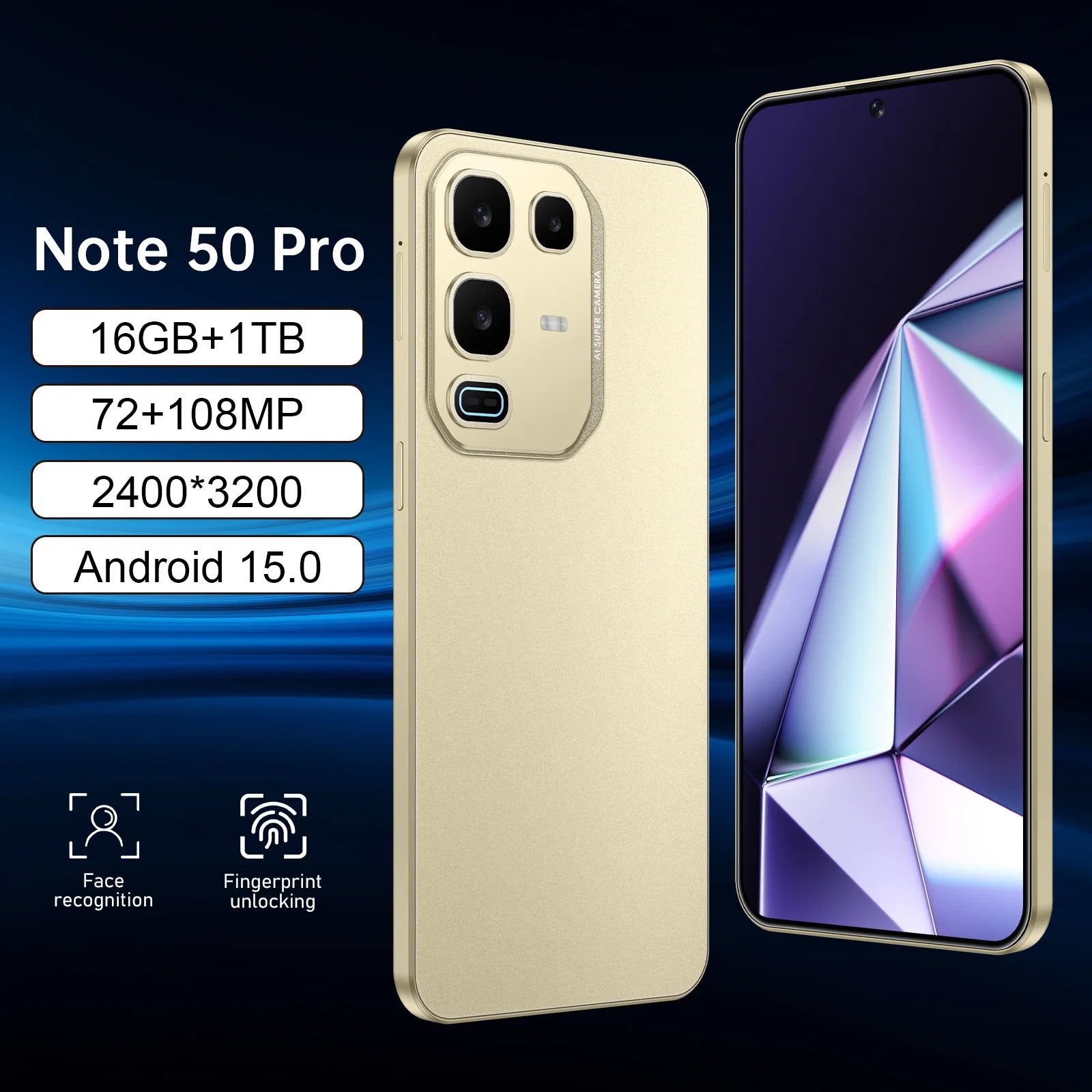Infinix Note 50 Pro 5G smartphone with 16GB RAM and 1TB storage showing the French LED display and sleek design