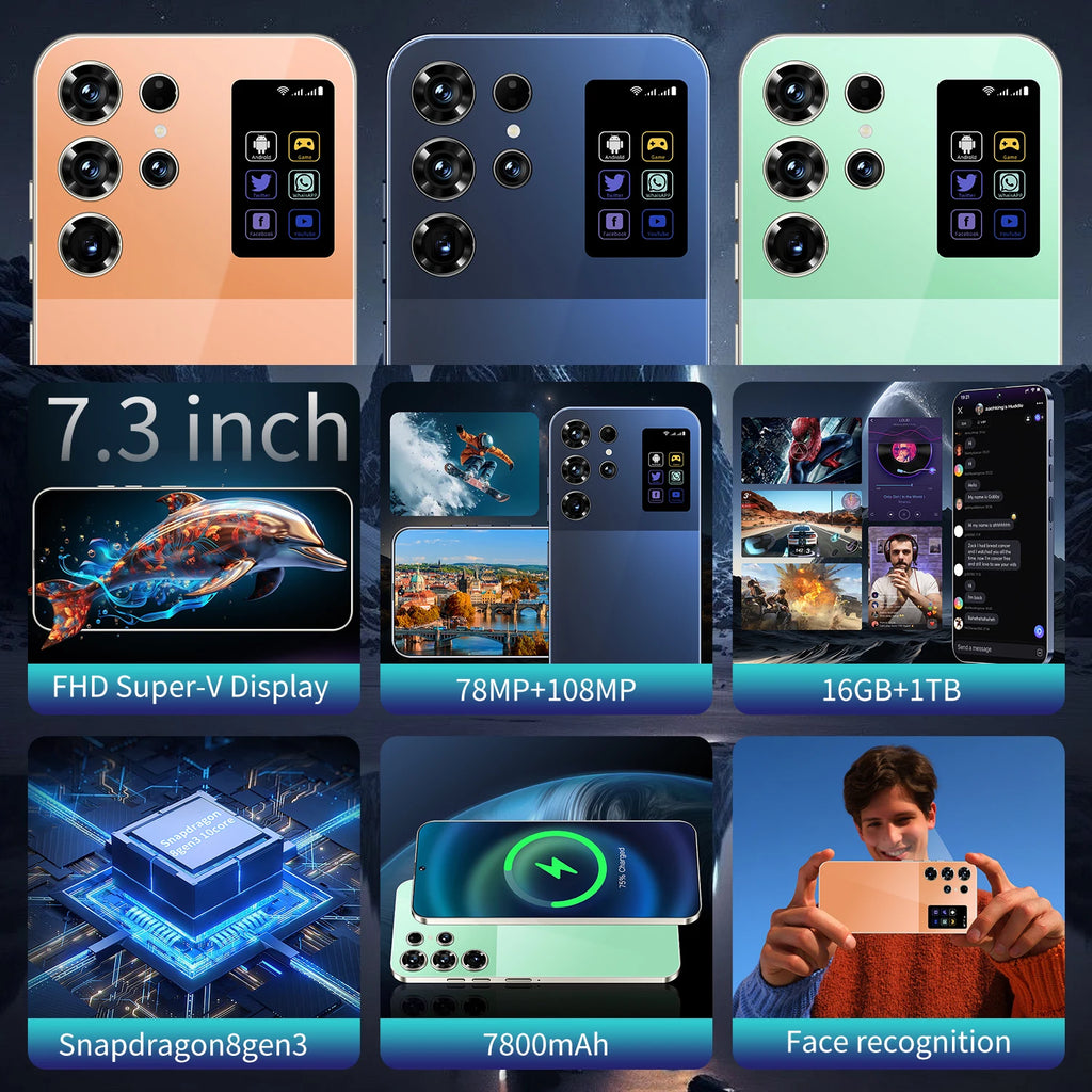 S26 Ultra Smart 5G Smartphone 16GB+1TB Cellphone Android 14 7.3 Inch HD Screen Unlocked 4G+5G Connectivity Phone Tidesmit