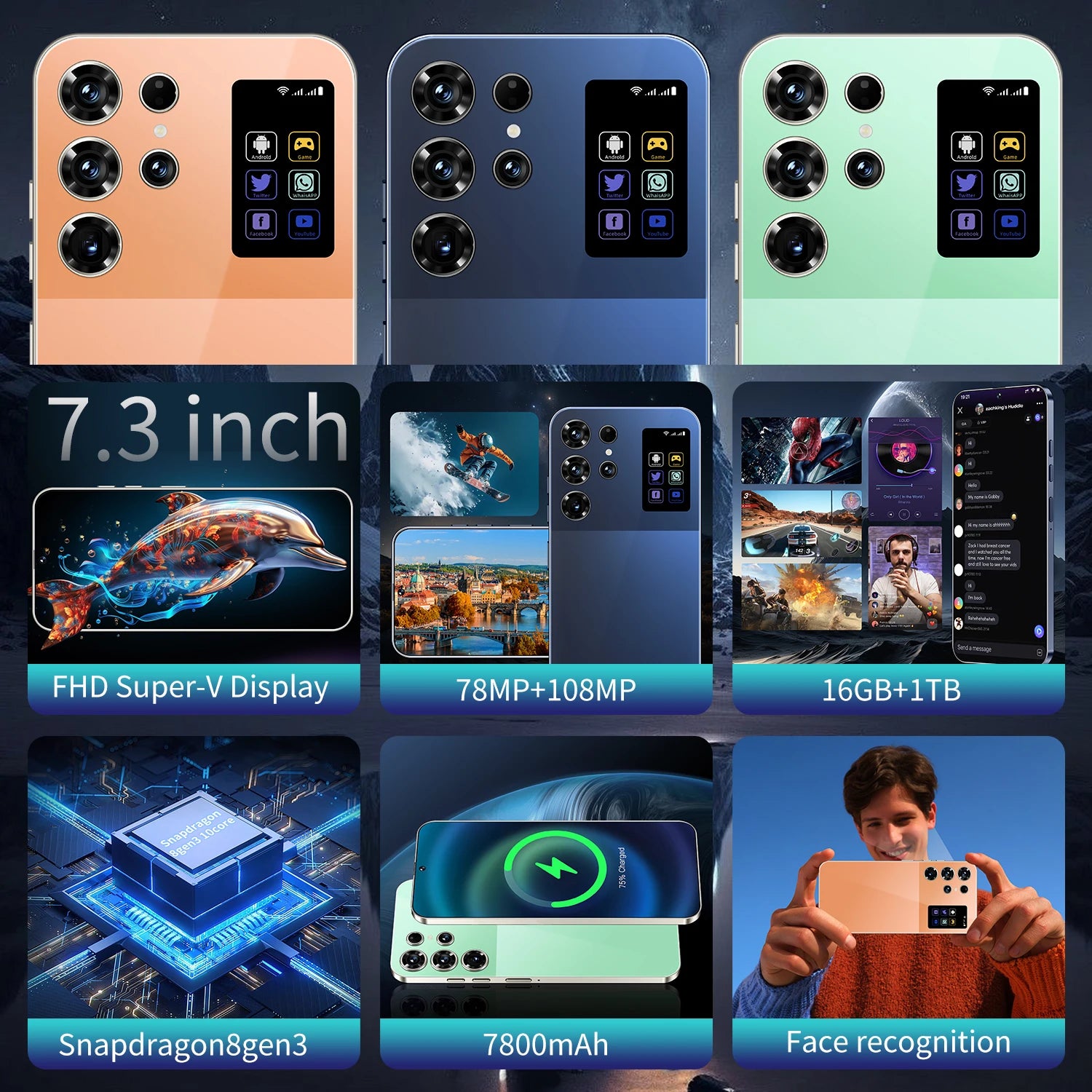 S26 Ultra Smart 5G Smartphone 16GB+1TB Cellphone Android 14 7.3 Inch HD Screen Unlocked 4G+5G Connectivity Phone Tidesmit