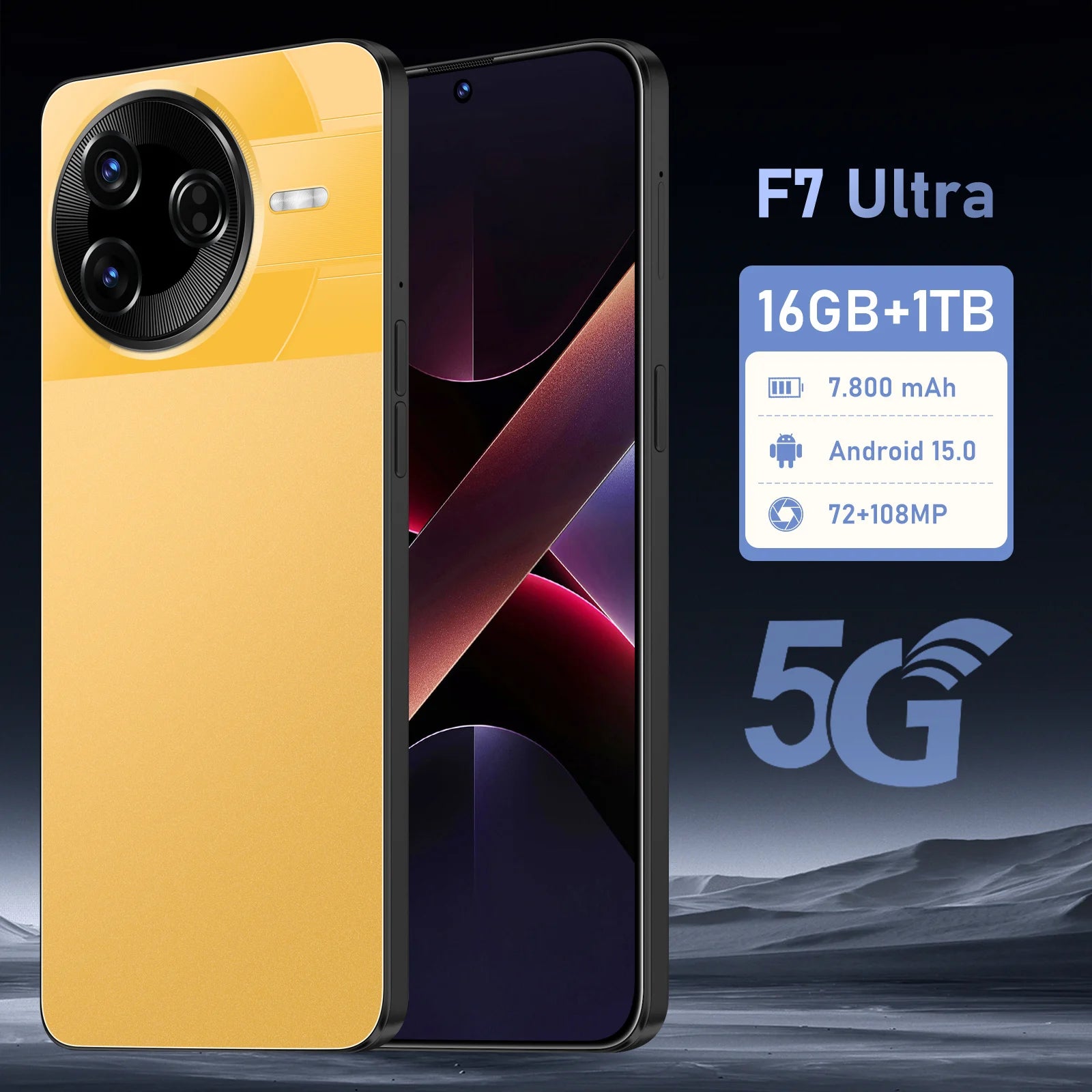 Tidesmit 5G Android 15 Smartphone, 1TB Storage, 16GB RAM Yellow 16g 1TB Tidesmit
