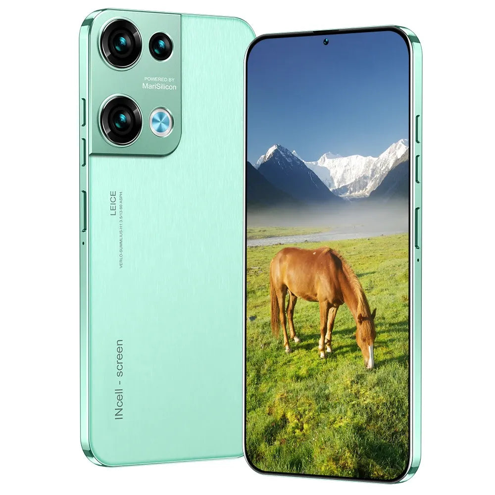 Mint green smartphone with quad rear cameras and front display showing horse in field.