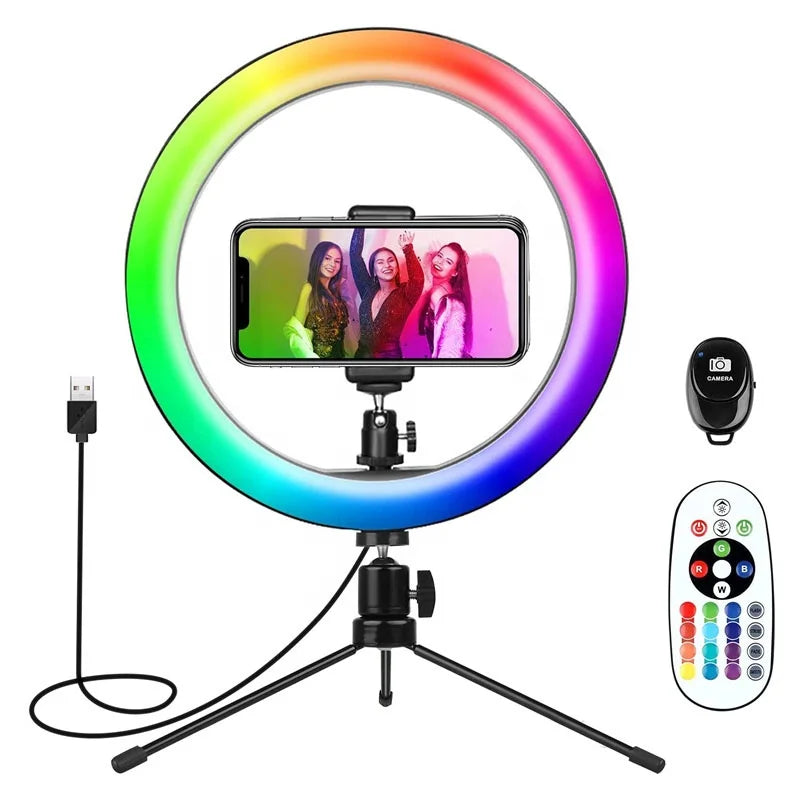 Ring Lights Lamp With Tripod Phone Holder for Photography Black 10 inch BR-10CRGB Tidesmit