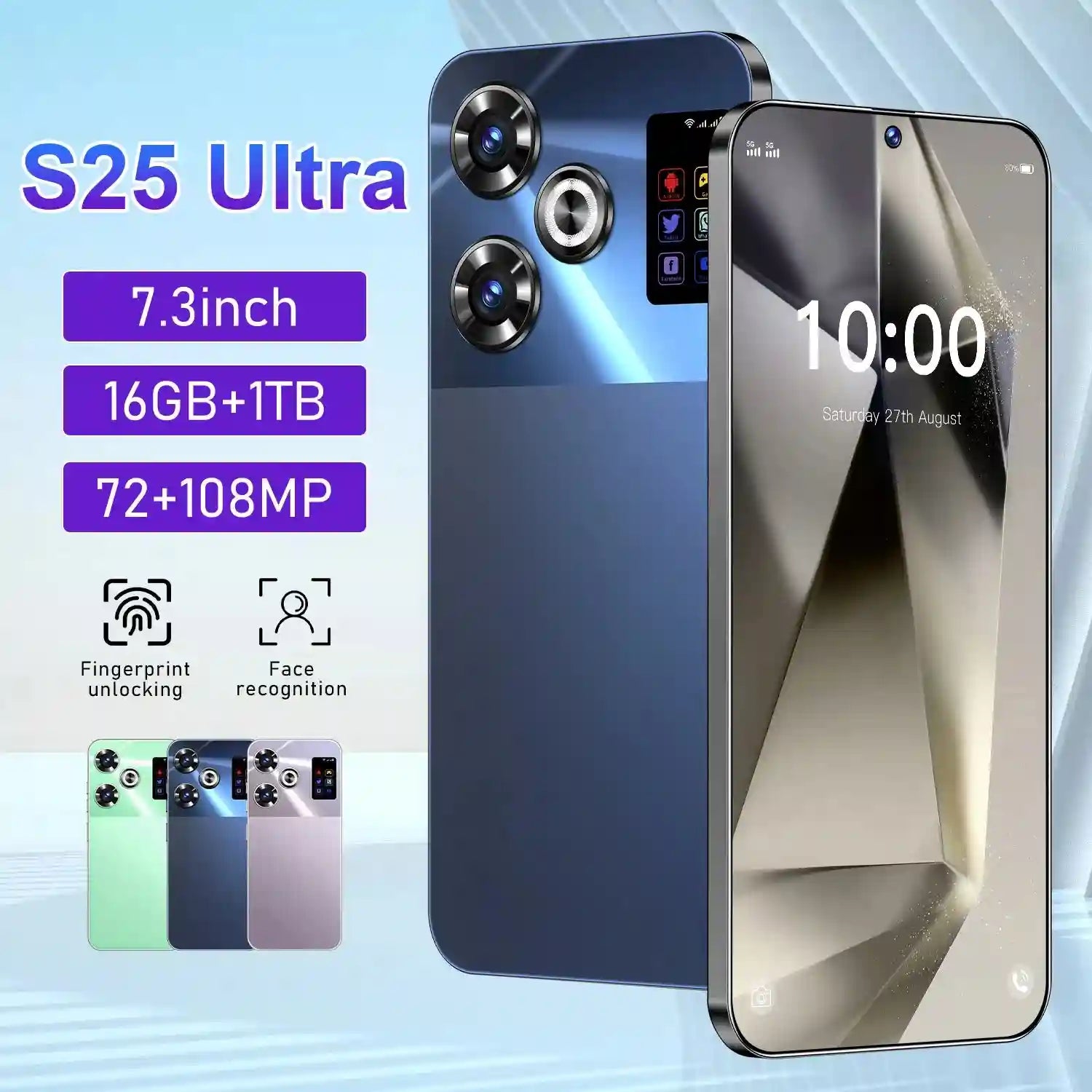 Tidesmit 5G Smartphone, 7.3 Inch AMOLED, 16GB RAM, 1TB Storage Blue 16g 1TB Tidesmit