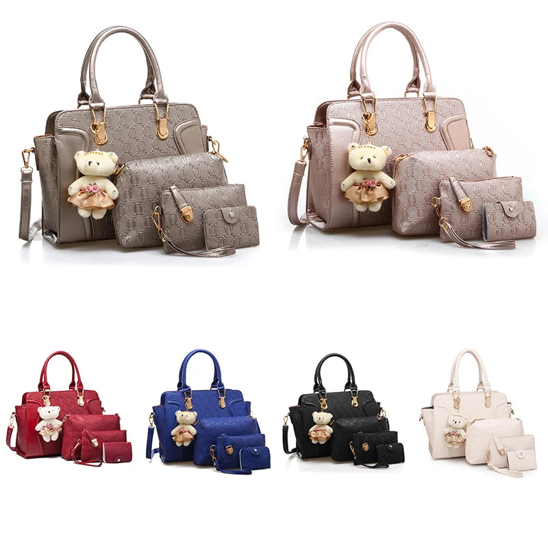 4-piece set of embossed top-handle satchel trunks with teddy bear keychains, available in multiple elegant colors.