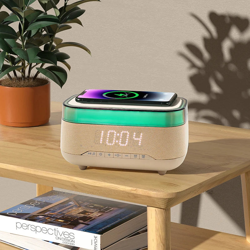 2025 New Multifunction Chargers RGB Led Night Light 15w Fast Wireless Charger Blue Tooth Music Speaker with Alarm Clock Tidesmit