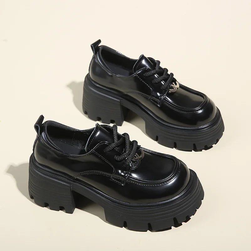 Elegant British-Style All-In-One Leather Platform Loafers Women Women's Thick Heel Fashion Head Lace-Up Small Leather Summer
