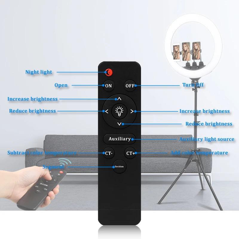 Black remote control with labeled buttons for adjusting brightness and color temperature of a tripod ring light.