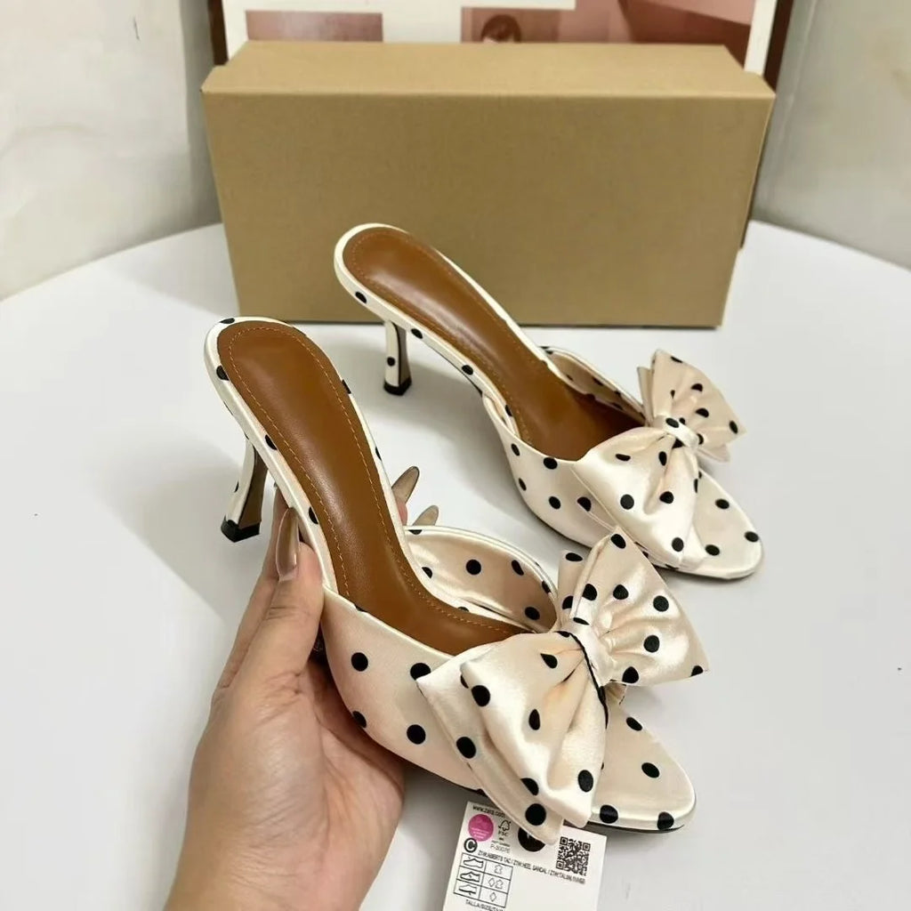 Women Cream Satin Black Polka Dot Big Bow Square Open Toe Slide Mules Rubber Outsole Microfiber Midsole Summer Party Dress High