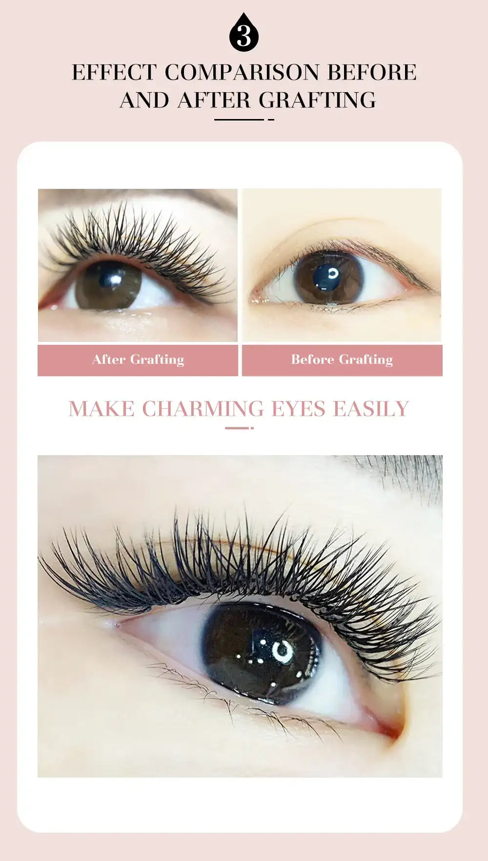 Before and after comparison of 4D W-shaped black eyelash extensions, showing voluminous, defined lashes on an eye.