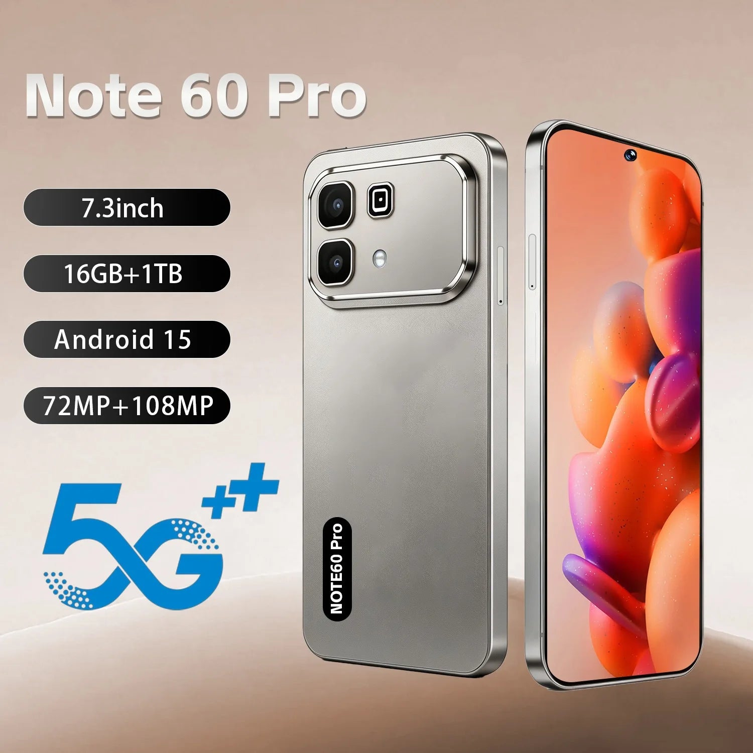 Note 60 Pro 16GB RAM 1TB smartphone with 7.3 inch screen and 108MP camera, side view of new Android mobile device