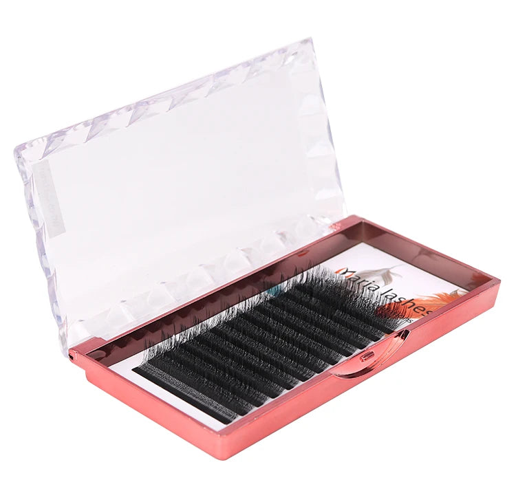A box of black 5D W-style volume eyelash extensions in a metallic rose gold case with a clear plastic lid.