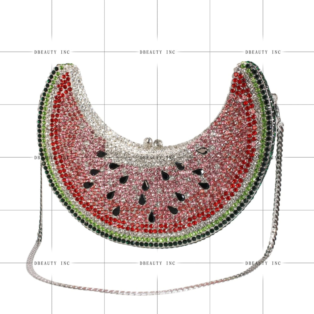 Watermelon-shaped rhinestone evening clutch, designer shoulder handbag with pink, red, and green crystals.