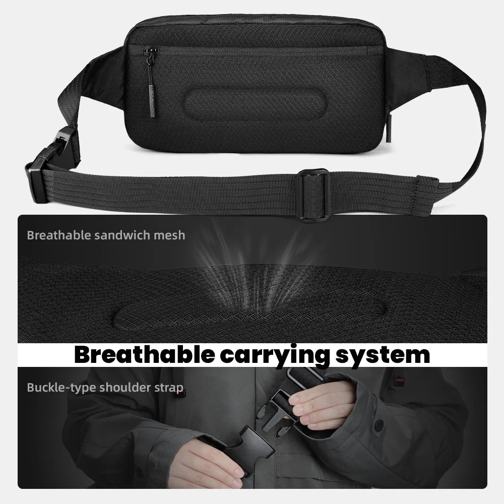 Black waterproof designer crossbody bag with breathable mesh backing and adjustable buckle shoulder strap for travel.