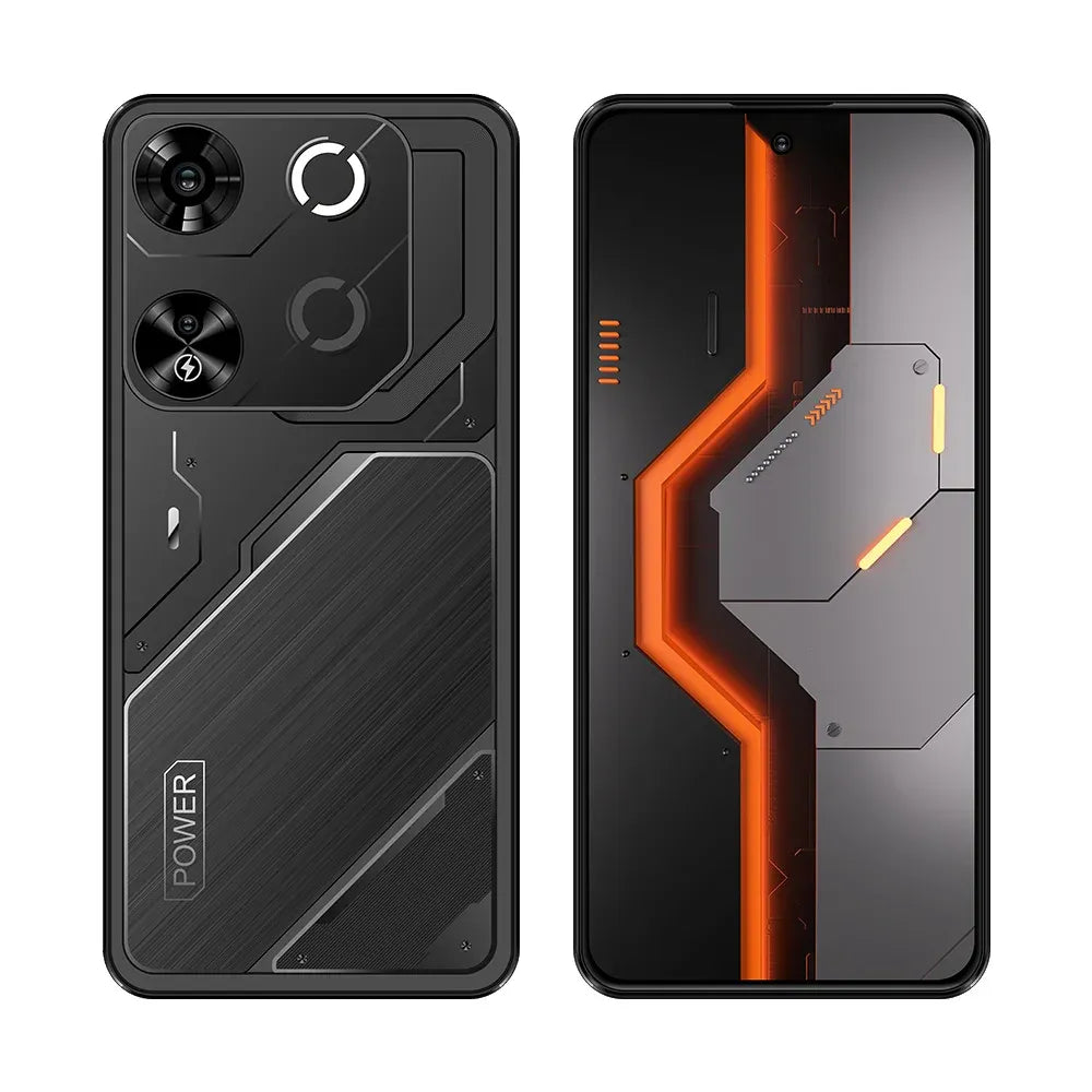 Black smartphone with orange circuit accents, rugged back and front views