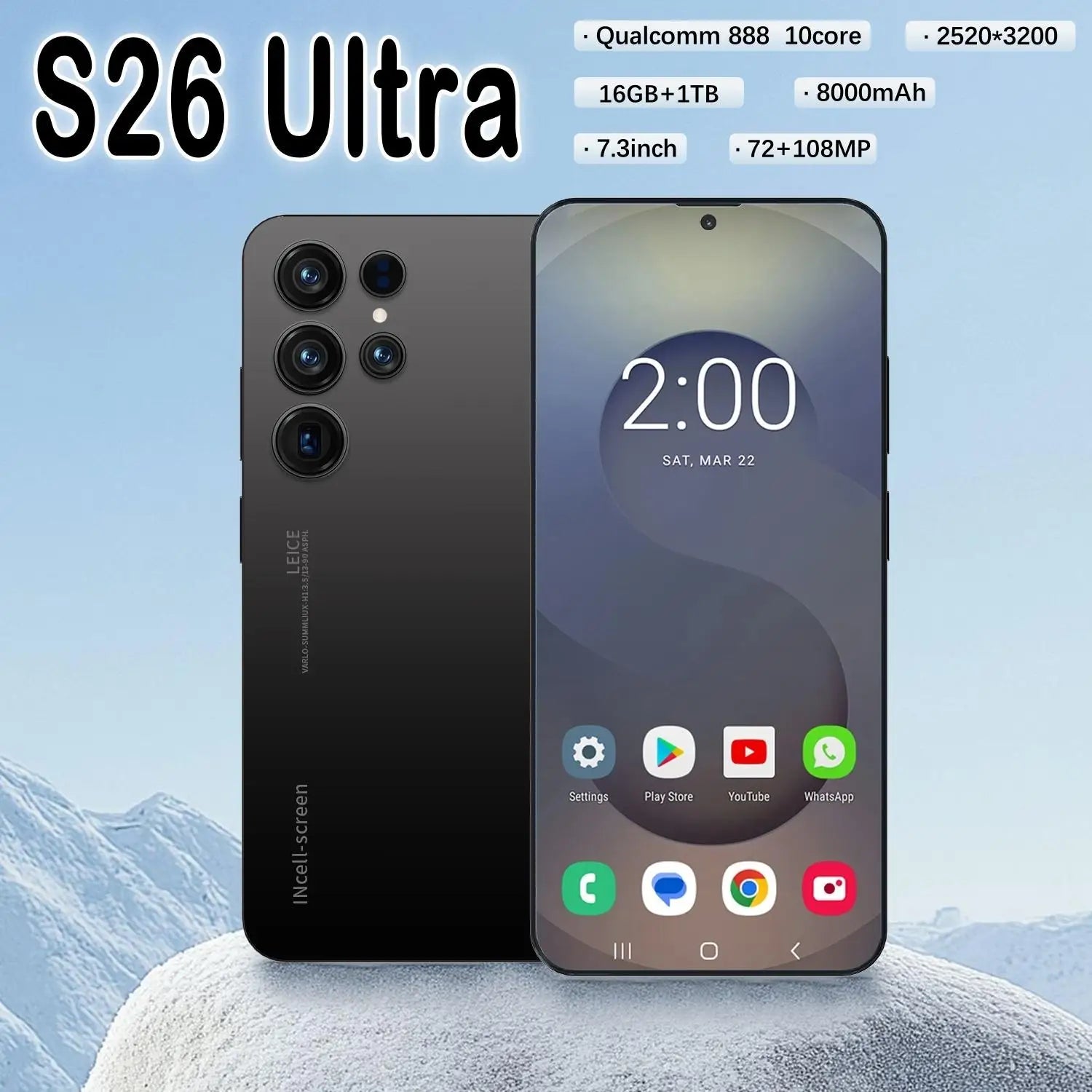 2025 S26 Ultra 5G Smartphone with 7.3 inch HD screen, 16GB RAM, 1TB storage, and 108MP camera on Android 15