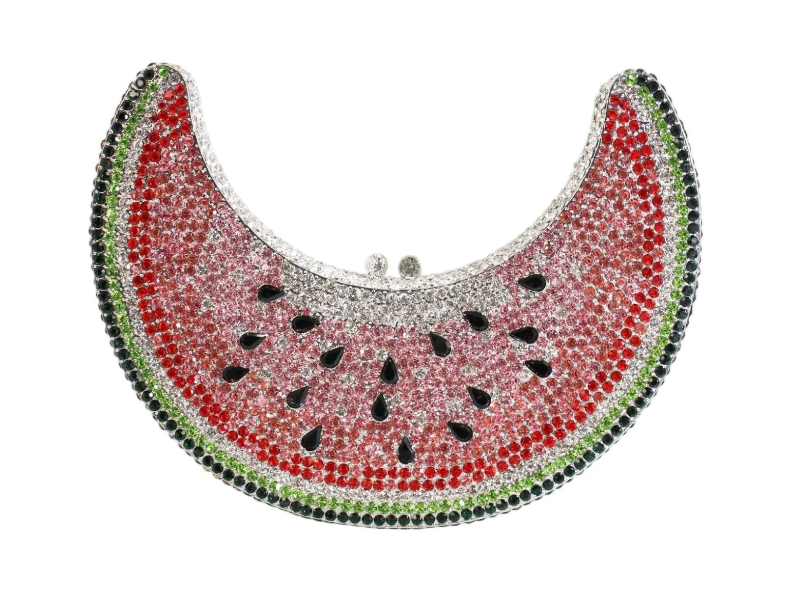 Moon-shaped watermelon evening clutch with red, pink, and green rhinestones and black seed crystals. Designer handbag.