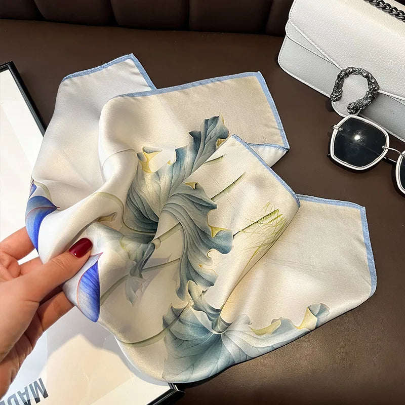 Women's Spring Autumn Mulberry Silk Square Scarf, Elegant Geometric Print, Soft & Smooth Neck Scarf