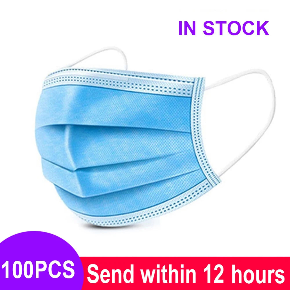 Blue 3-layer disposable face mask, non-woven fabric with elastic ear loops for dust protection and comfort.