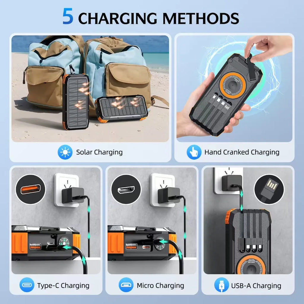 Built in Cable Compass Fast Charging PD22.5W Solar Battery Charger Camping Solar Power Bank 20000mah for Watch Tws Earphone Tidesmit