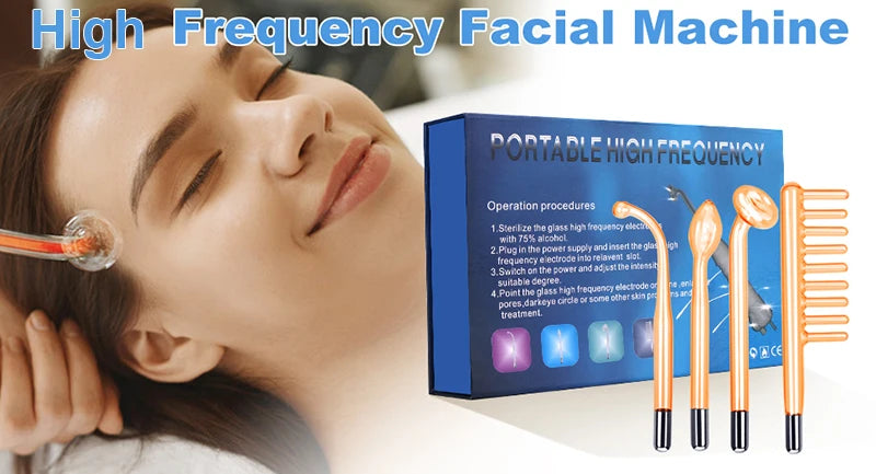 High-frequency facial wand with glass electrodes and neon glow, plus a product box, used on a woman's face.