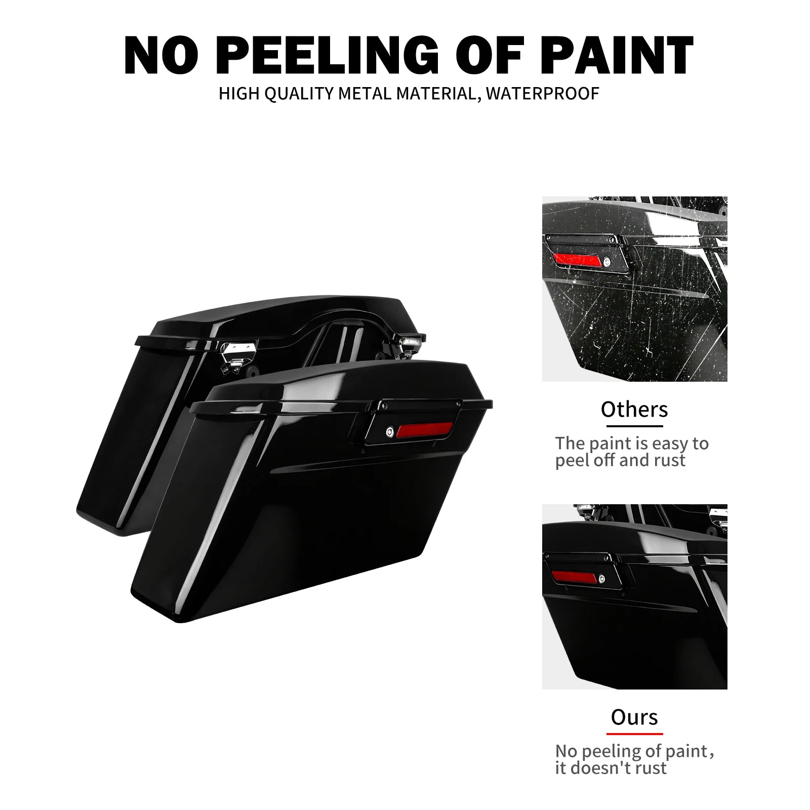 Black hard saddlebag trunks for Harley Touring 94-13 with chrome latches, waterproof finish, and red reflectors.