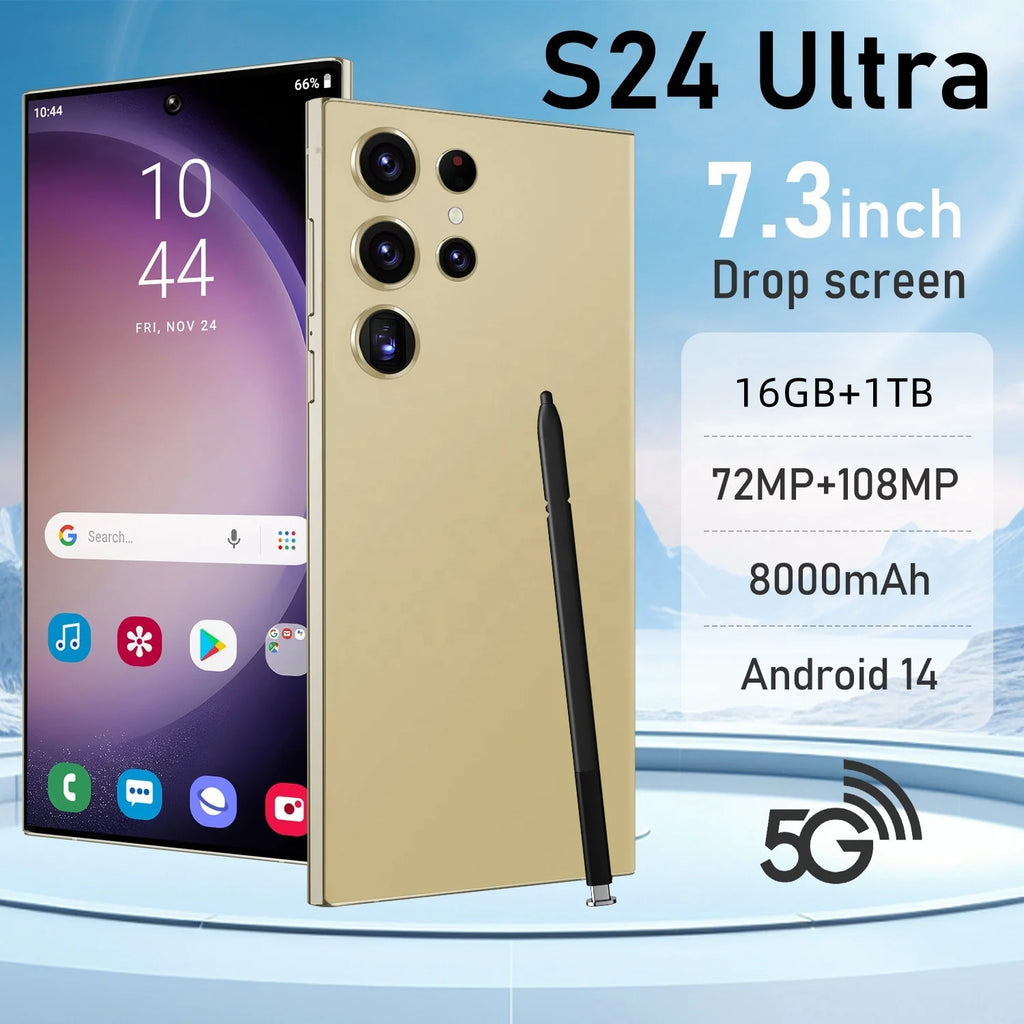 Tidesmit S24 Ultra smartphone 7.3 inch display and 108MP camera profile view for high performance Android 5G usage