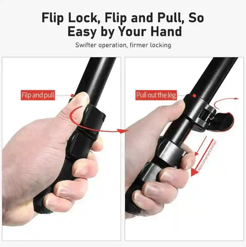 Black plastic flip-lock mechanism on a cylindrical tripod leg, showing how to unlock and extend the leg length.
