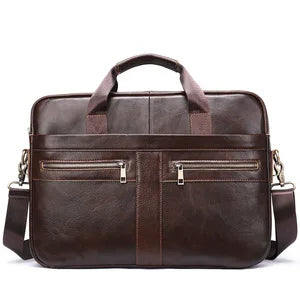 Brown genuine leather designer handbag, professional shoulder tote with dual front zipper pockets and top handles.