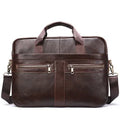 Brown genuine leather designer handbag, professional shoulder tote with dual front zipper pockets and top handles.