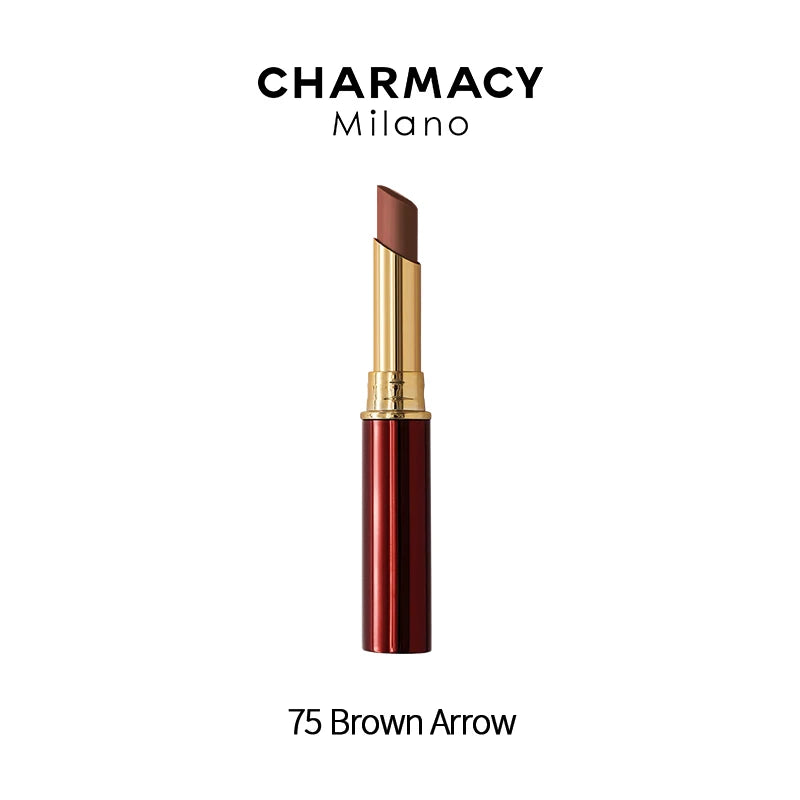 Charmacy Milano long-lasting matte velvet lipstick in 75 Brown Arrow. Waterproof, brown shade in elegant gold casing.