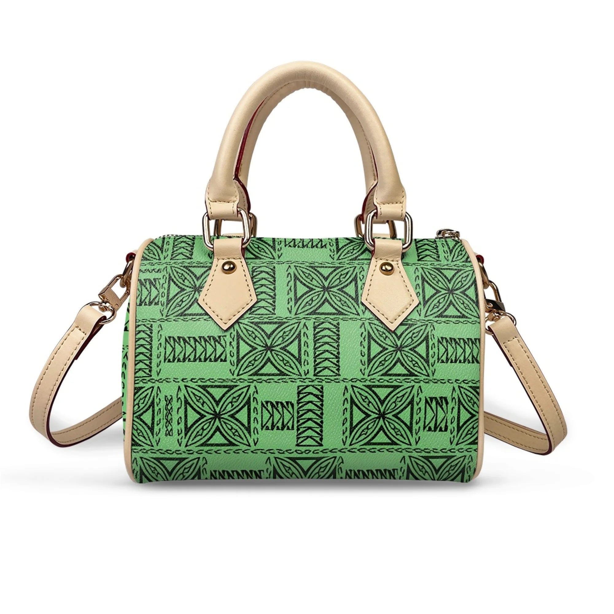 Green pillow-shaped handbag with black tribal print, beige leather top handles, and detachable shoulder strap. Trunks.