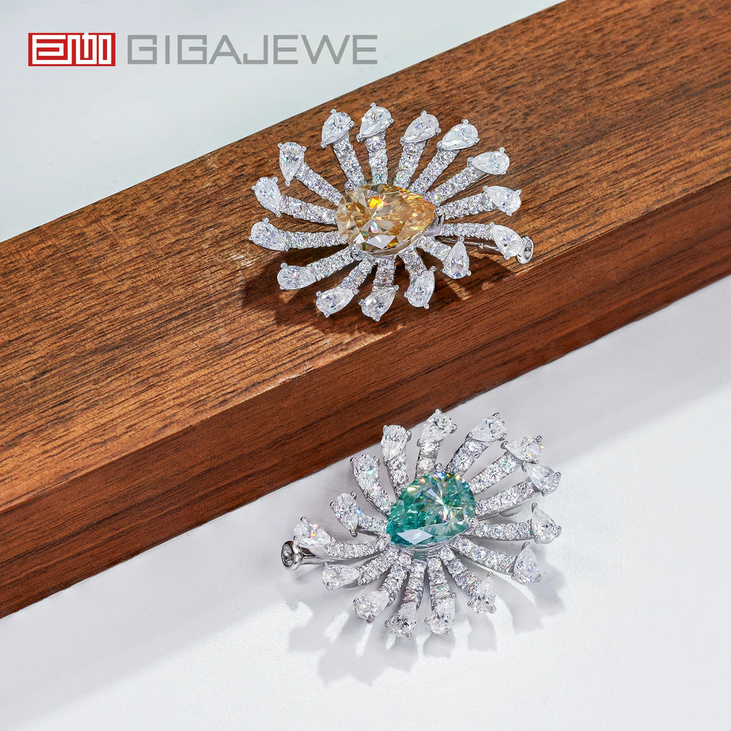 GIGAJEWE 9x13mm Pear Cut Cyan Brown Moissanite Sunburst Brooch 925 Sterling Silver Luxury Animal Flower Lapel Pin for Women